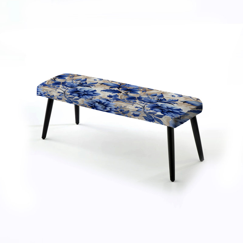 Banc rembourré noir, Motif victorien de feuilles d'acanthe bleu de coba