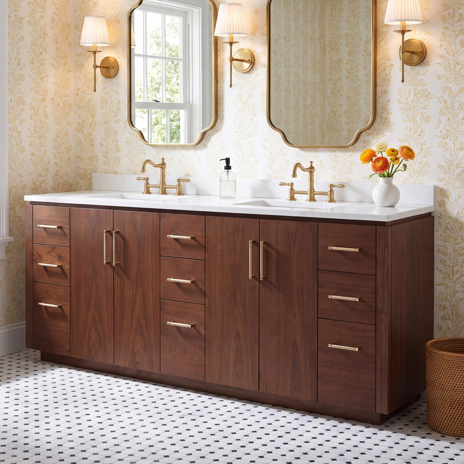 Cloverfield 84 " Pine Double Bathroom Vanity, Natural Walnut, Gold