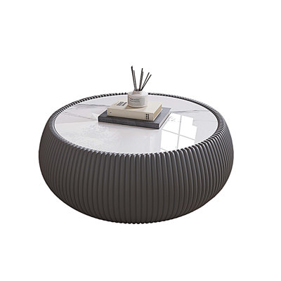 Marble Top Drum Shape Leather Coffee Table