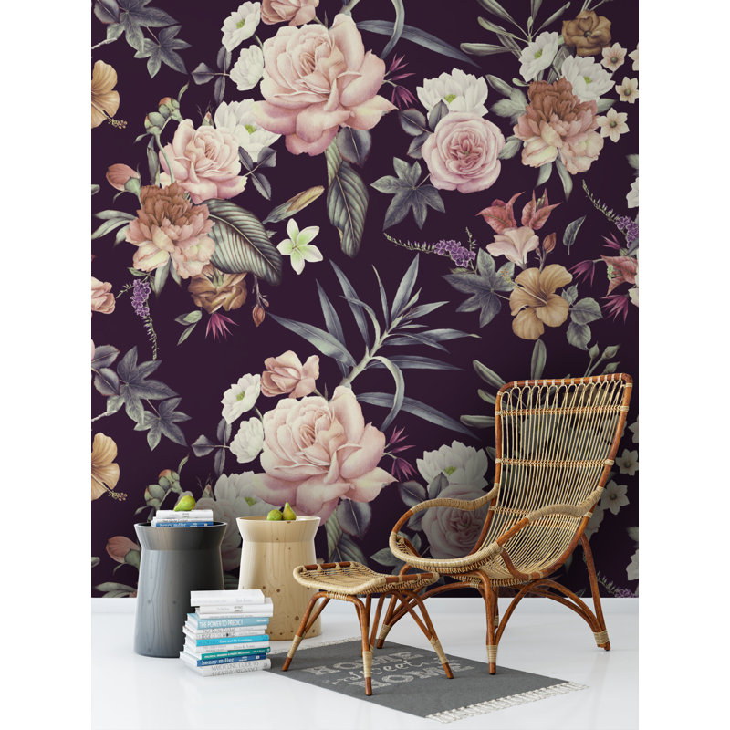 Papier peint amovible foncé avec bouquet de fleurs et feuilles, L 114 po x l 204 po