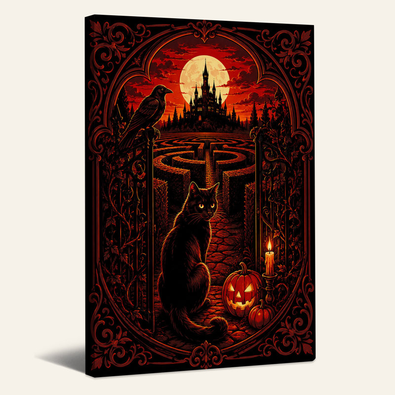 Art mural sur toile gothique, chat noir et citrouille au labyrinthe d'Halloween, H 48 po x l 36 po
