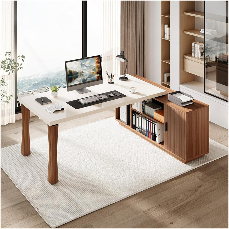 Bureau de direction en L avec armoire de rangement, bureau à domicile moderne avec tablettes et support pour unité centrale, bureau d'ordinateur pour professionnels