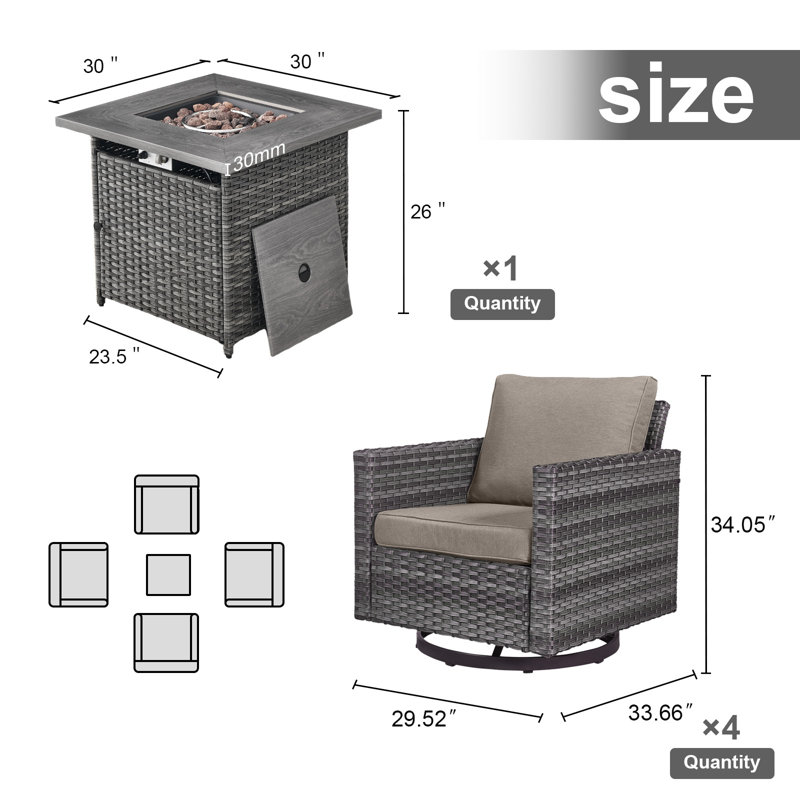 Ensemble de conversation d'extérieur pour 4 personnes avec foyer et chaises berçantes et pivotantes avec coussins Nazime