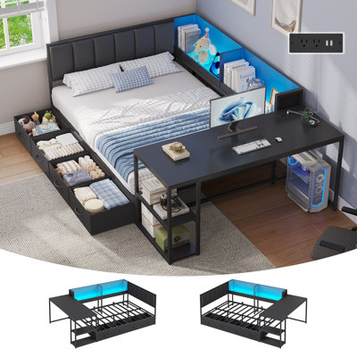 Lit de coin avec bureau intégré, 4 tiroirs de rangement en tissu et bibliothèque, lit de jour deux places avec éclairage DEL RVB et station de recharge, cadre de lit plateforme rembourré pour chambre à coucher, noir