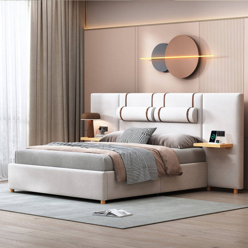 Luxurious Upholstered Platform Bed With Multiple Functionalities And Storage Options, Beige, Queen