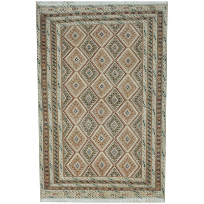 Tapis géométrique en laine tissé à plat à la main à motif rectangulaire saumon / vert / beige 2 pi 7 po x 4 pi