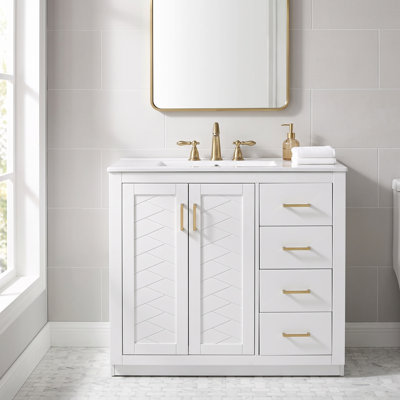 Ensemble de meuble-lavabo en bois massif 36 po + panneau de fibres à densité moyenne avec lavabo en céramique avec 3 tiroirs et portes à fermeture douce