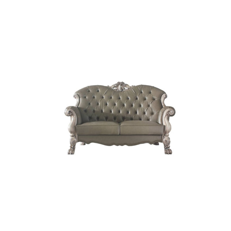 Vintage Bone White Tufted Faux Leather Loveseat with Nailhead Trim