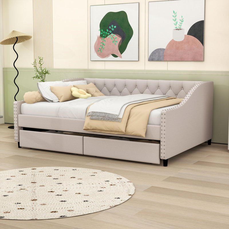 2 Drawers Upholstered Full Daybed with Sturdy Slats Support, Beige