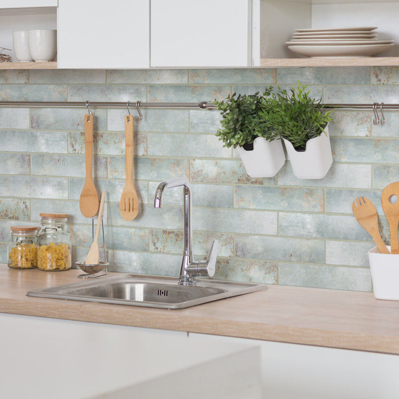 Biarritz 3" x 11.88" Straight Edge Ceramic Brick Look Subway Wall Tile, Green