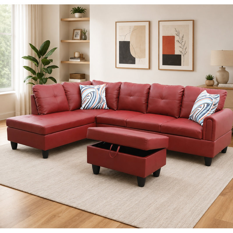 Canapé et méridienne 97 po en similicuir de 97 po de large avec repose-pieds, Orienté à gauche (vu de face), Similicuir rouge