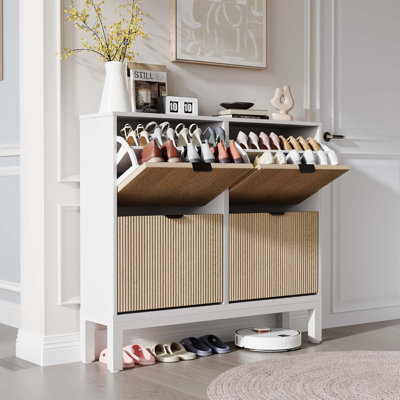 Narrow Wooden Shoe Cabinet with 4 Flip Drawers, Adjustable Shelves, Hidden Shoe Storage for Entryway or Hallway, Modern Farmhouse Organizer