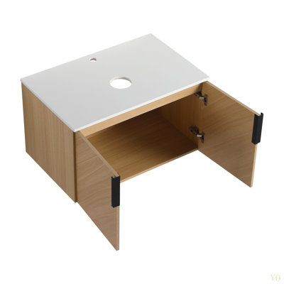 Meuble-lavabo de 30 po avec dalle de pierre artificielle, porte à fermeture en douceur, fixation murale, emballage KD (meuble-lavabo seulement, sans lavabo)