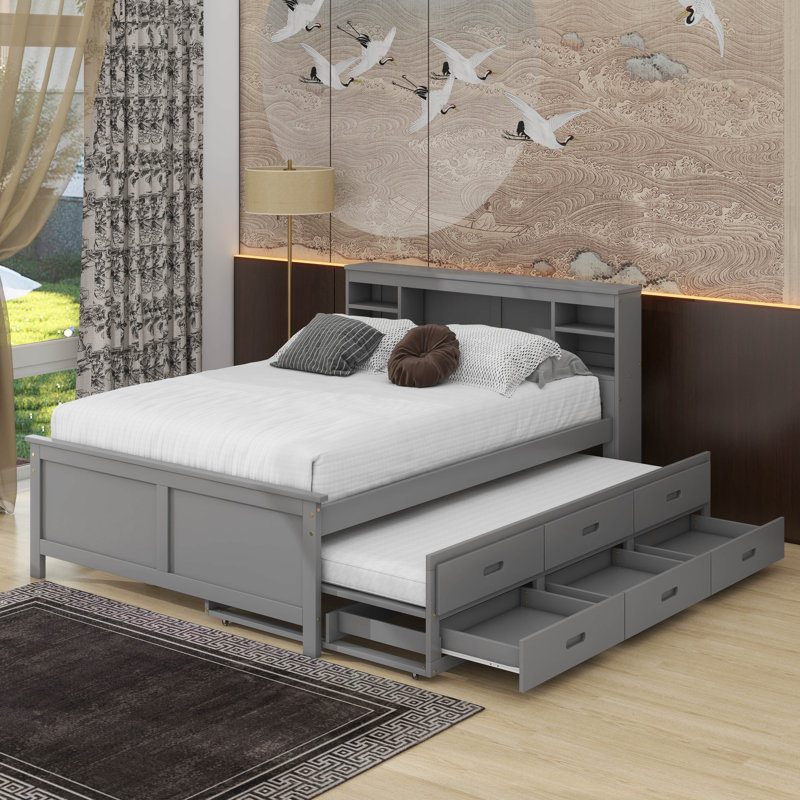 Lit plateforme avec tête de lit, USB, lit simple et tiroirs, Gris, Lit double