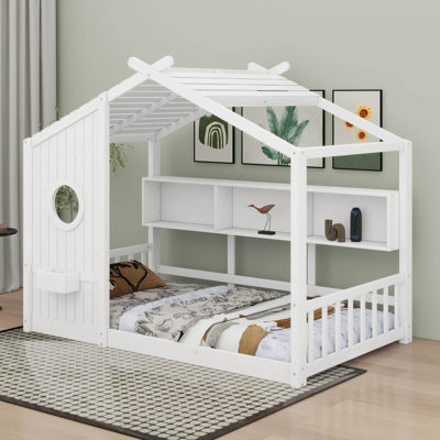 Floor Bed Playhouse Design With Storage Shelf,  Wooden House Bed Platform Bed Frame