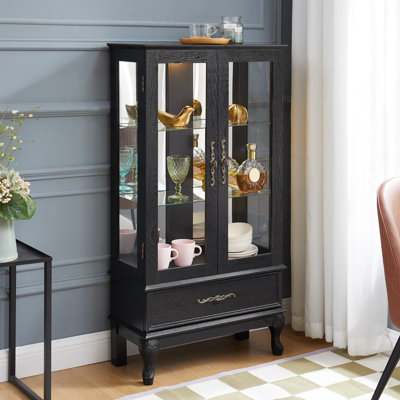 Display Cabinet, 25.98"W x 11.81"D x 51.58"H, Engineered Wood, Glass, Black, LED Lighting, Adjustable