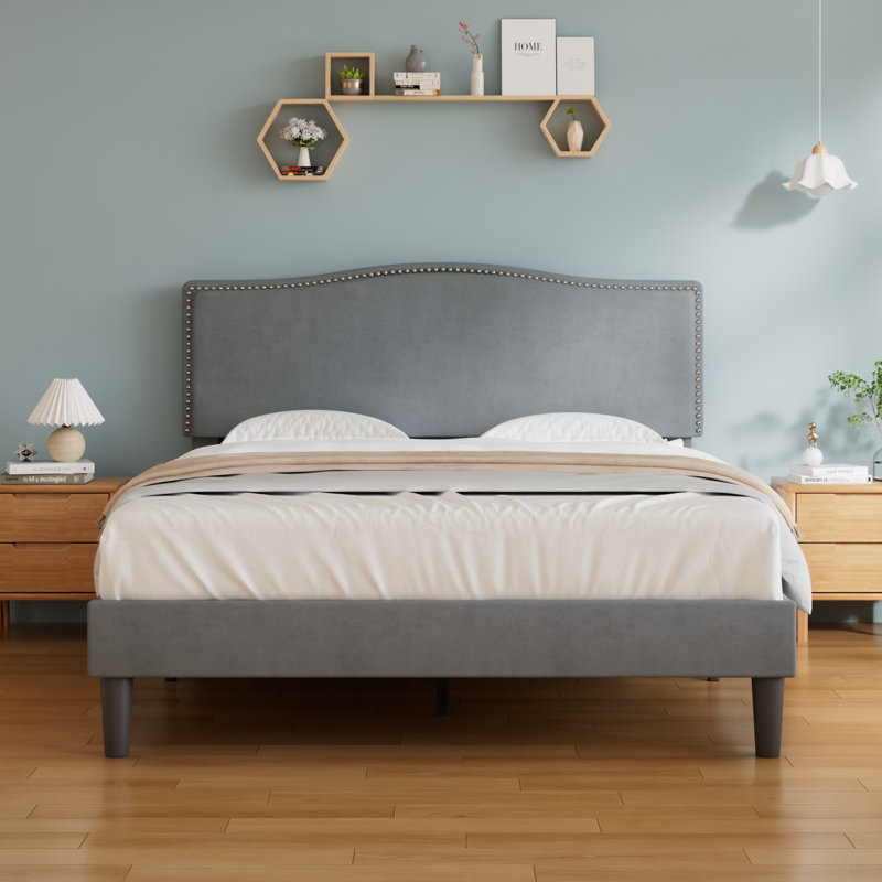 Double Size Upholstered Platform Bed Frame With Nailhead Trim Adjustable Headboard, Wooden Slats Support, Easy to Assembly