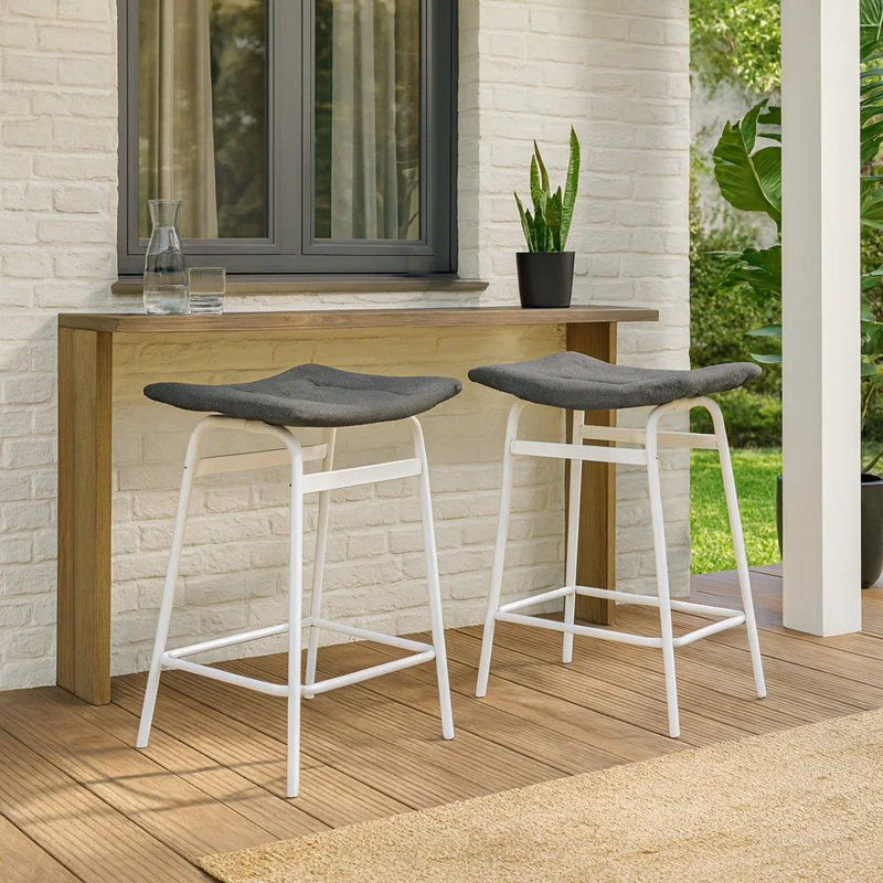 Ensemble de 2 tabourets à hauteur de comptoir Nery, siège en tissu gris, pieds en métal blanc, Blanc