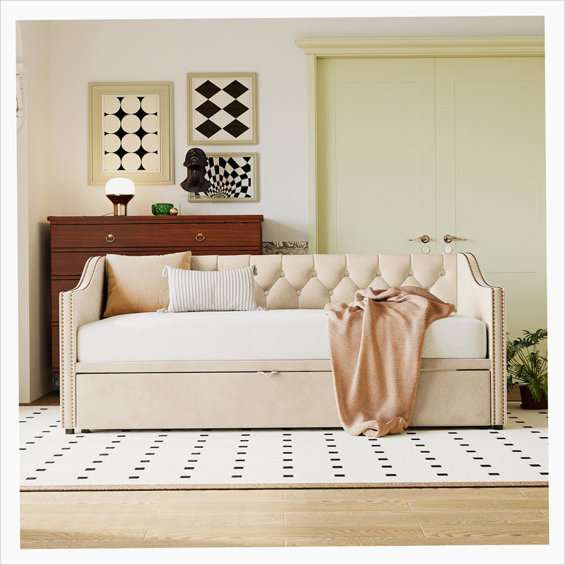 Lit de jour rembourré avec couchette Feaman, Beige