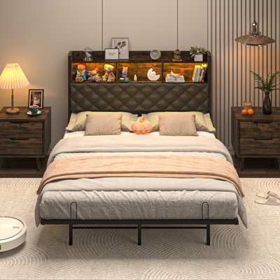 Structure de lit double avec lumières DEL, lit plateforme en métal avec station de charge et tête de lit pour chambre à coucher, dortoir