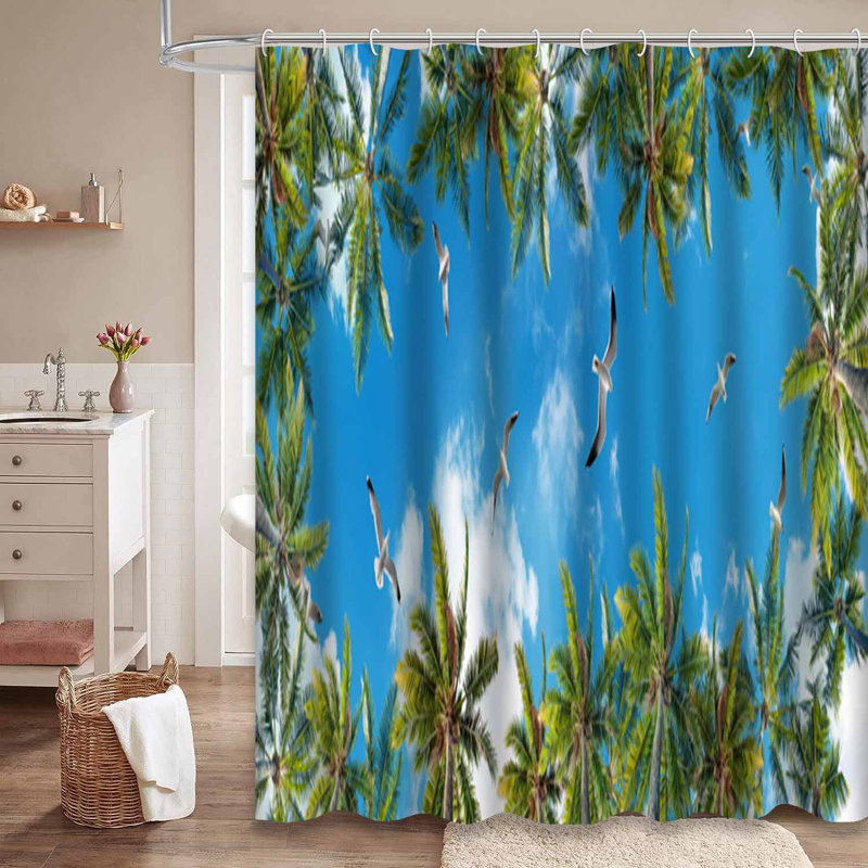 Rideau de douche Flying Seagulls Palm Trees Sky Beach Beautiful Bird Blue Coast Day avec 12 crochets, L 72 po x l 72 po