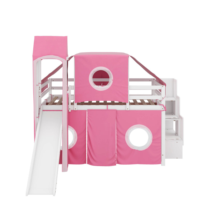 Lit mezzanine double avec tour et tente, Rose