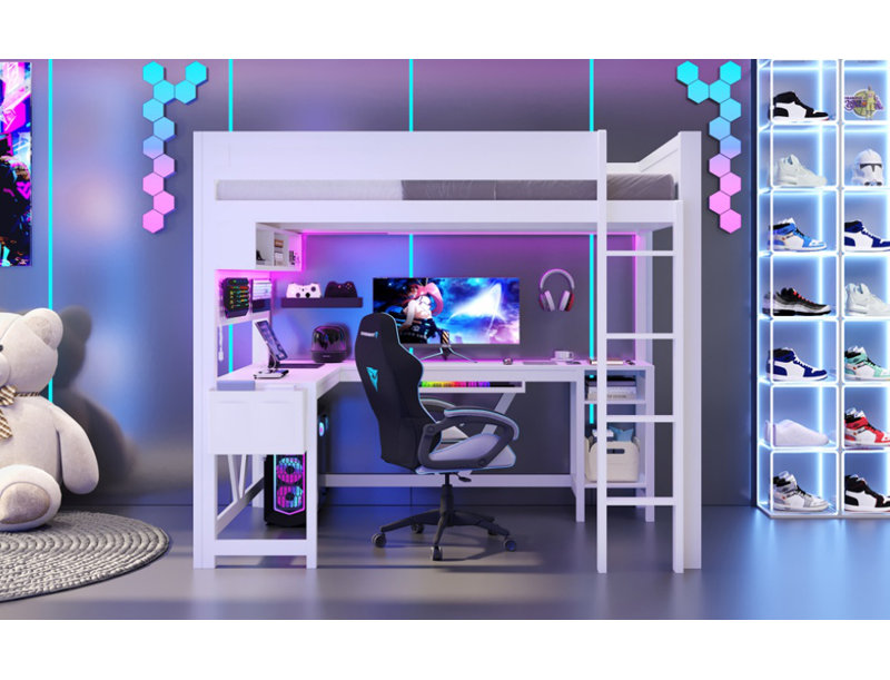 Lit mezzanine double en bois avec bureau, tablettes de rangement, DEL et station de charge, blanc, Blanc