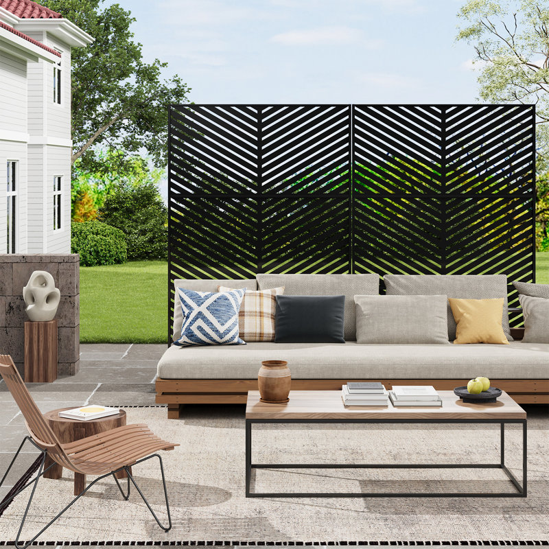 Freestanding Metal Privacy Screen, Laser Cut Decorative Garden Fence Panel with Stand, Rustproof Galvanised Steel Divider, 183x120cm, Black, Diagonal Twill Style