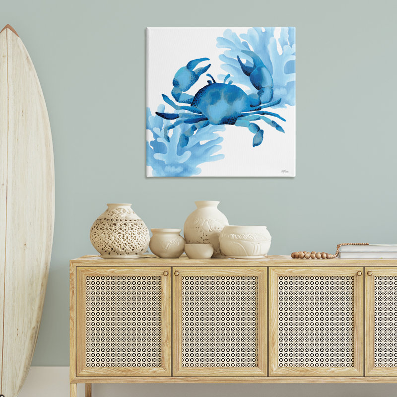 Crabe bleu et toile corail, design par Cat Thurman Designs, H 36 po x l 36 po