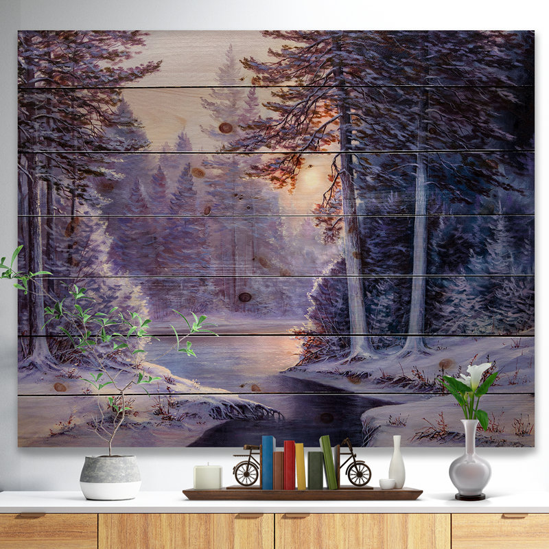 «Winter Forest with the River in Frosty Day - Landscape», peinture, H 36 po x l 46 po x P 1 po, Bois