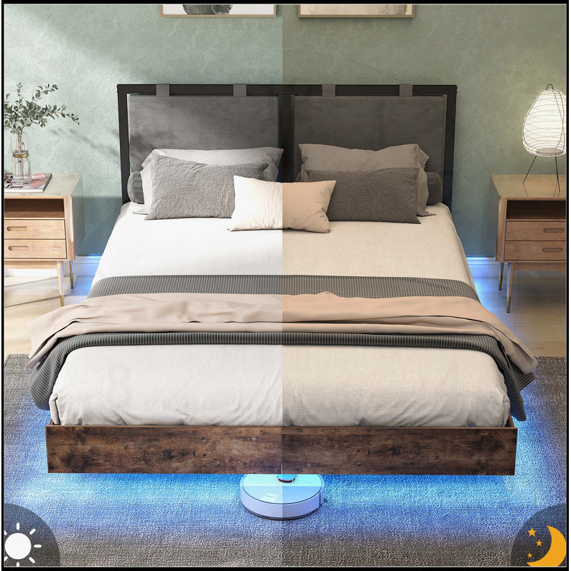 Cadre de lit flottant moderne avec lumières DEL et tête de lit tapissier réglable, aucun sommier requis, Grand