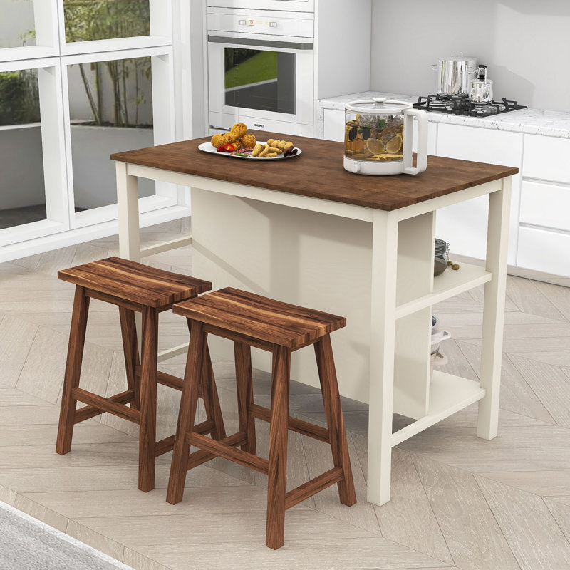 Rishvie 3-Pcs Stationary Kitchen Island Set With 2 Stools and 2 Shelves