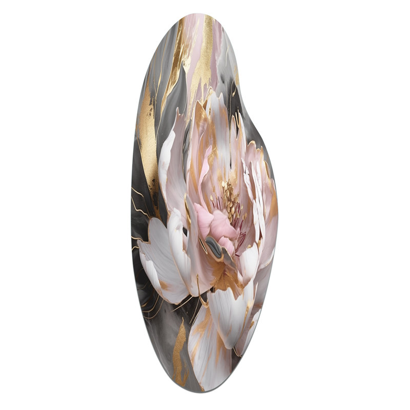 Marble Pink Gold Peony Flower IV - Marble Asymmetrical Metal Wall Art, Pink Curved Metal Art Print, 38" H x 15" W x 1" D