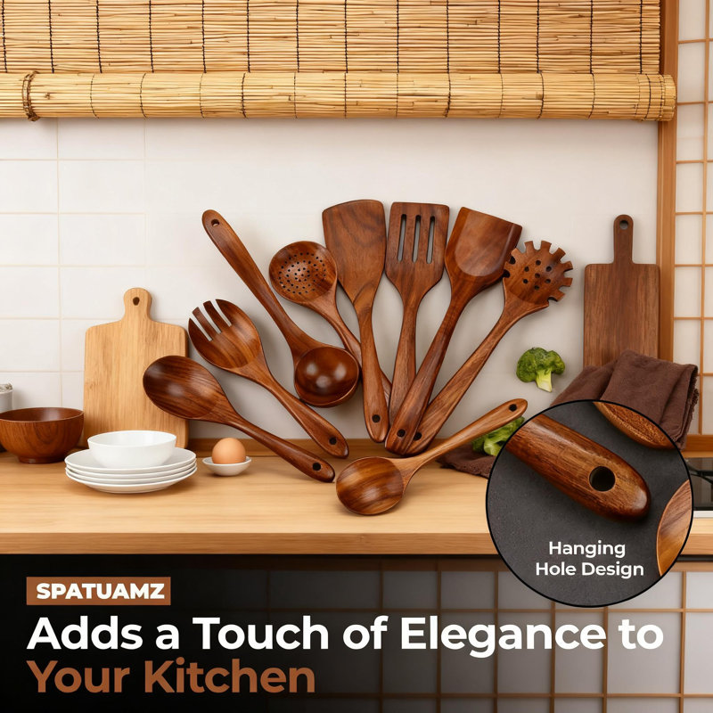 Ensemble de 9 cuillères en bois de teck, ustensiles de cuisine antiadhésifs, spatule en bois naturel et collection de cuillères pour cuisiner, remuer, servir