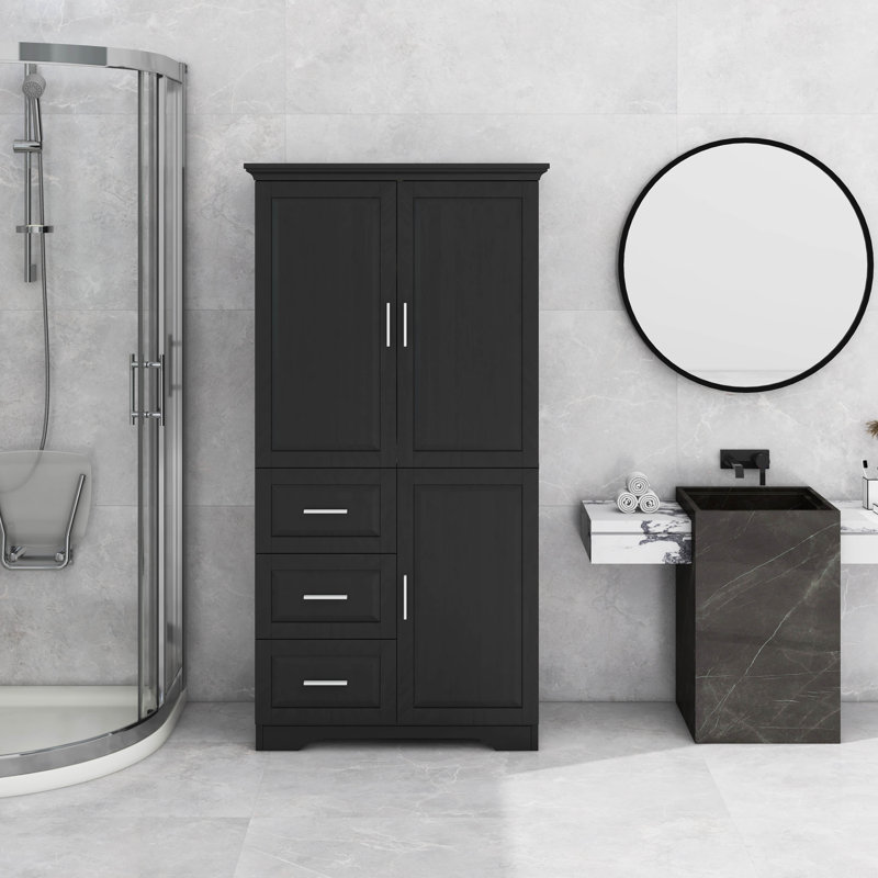 Tall And Wide Storage Cabinet With Doors, Three Drawers, Black