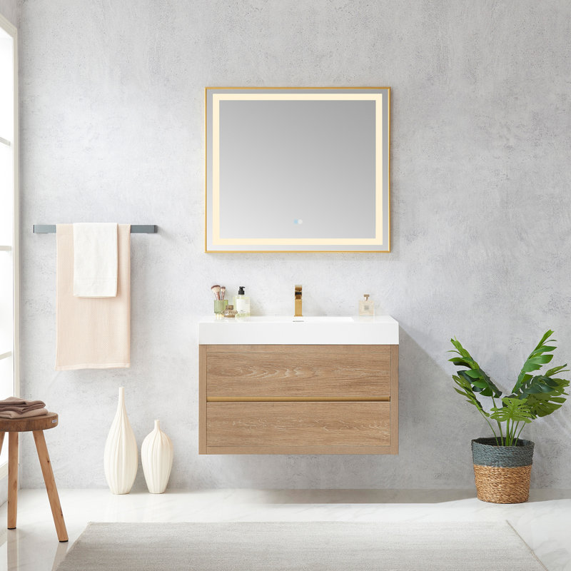 Ensemble de meuble-lavabo simple mural Vali, Finition chêne nord-américain, Blanc, 36"
