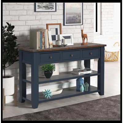 Console moderne 48 po avec plateau en bois de pin massif - table d'appoint avec 3 tiroirs de rangement et 2 tablettes, assemblage simple (bleu marine + plateau brun)