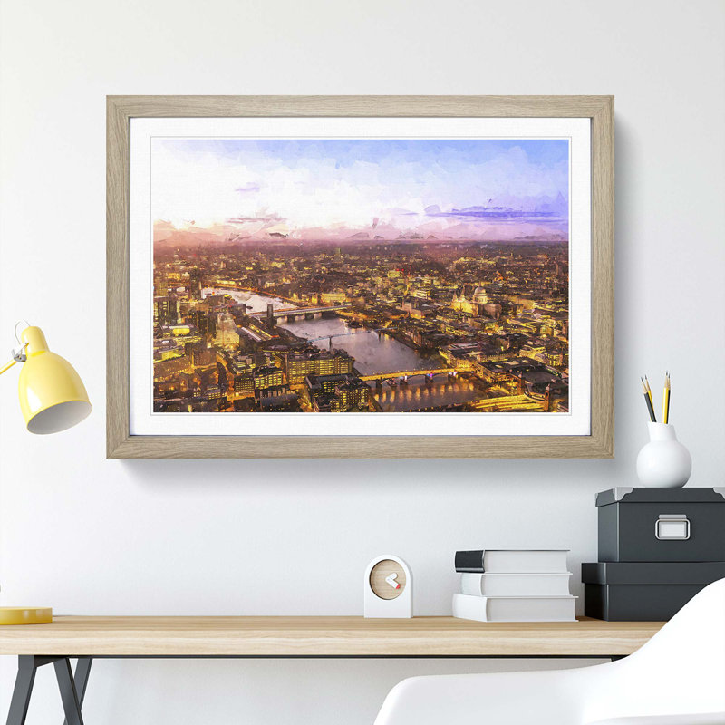 The Thames River & London Skyline in Abstract - Framed Print, 35cm H x 50cm W x 2cm D, Oak