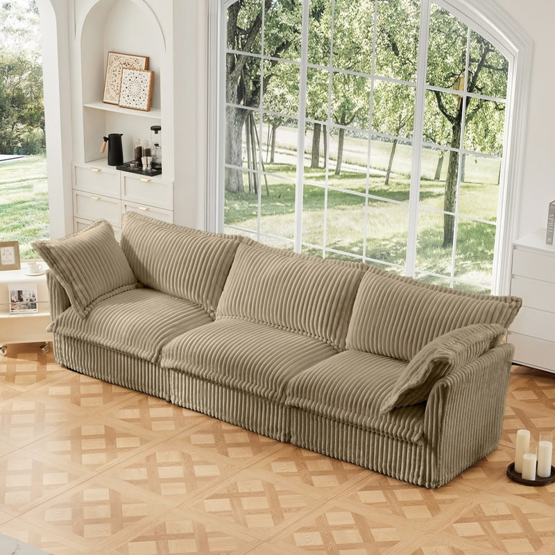 Canapé confortable à housse 3 places avec coussins moelleux pour le salon, 34.6" H x 120" W x 33" D, Velours côtelé chameau