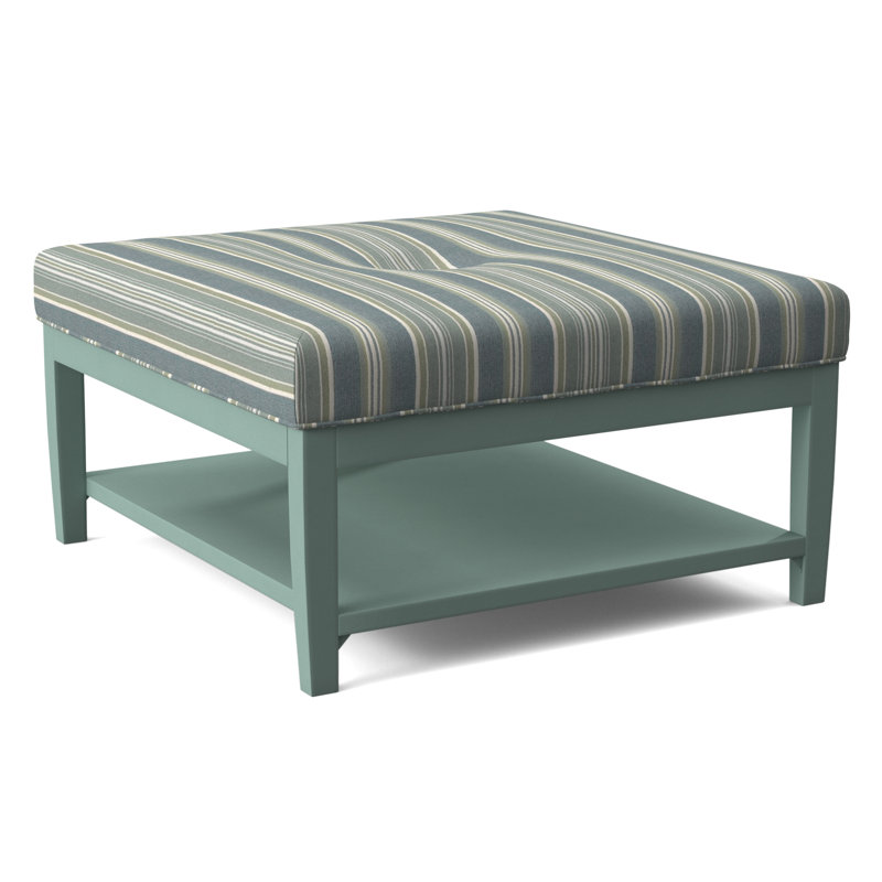 Hammond Square Ottoman, Frost White Finish, Green and Blue Stripe; 0252-54