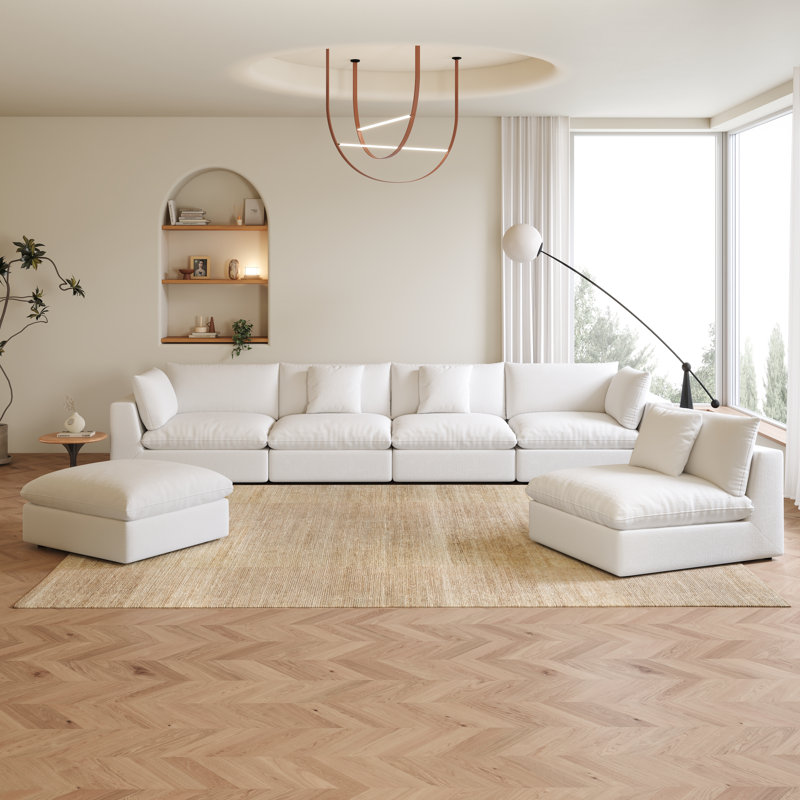 156.7‘’ Oversized U Shaped 6 Piece Modular Cloud Sectional Sofa with Ottoman, Off White Linen