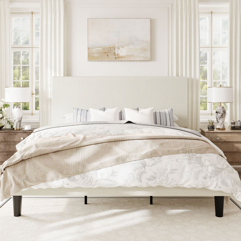 Modern Corduroy Platform Bed With Adjustable Headboard,Maximize Space With Under-Bed Storage,No Box Spring Required, King