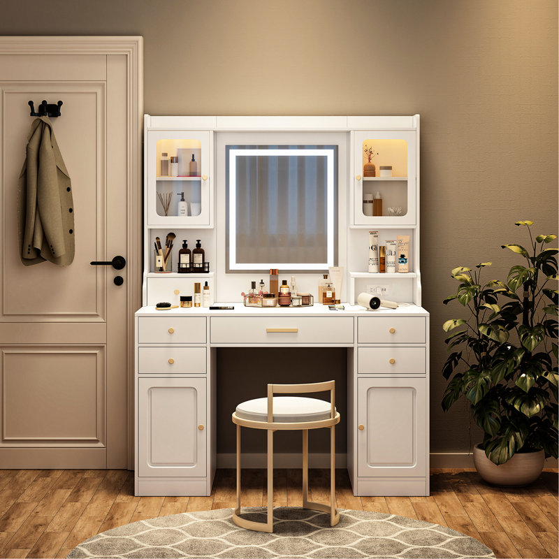 Bureau de coiffeuse blanc américain avec grand miroir, 6 tiroirs et 3 lumières chaudes pour les tiroirs quotidiens