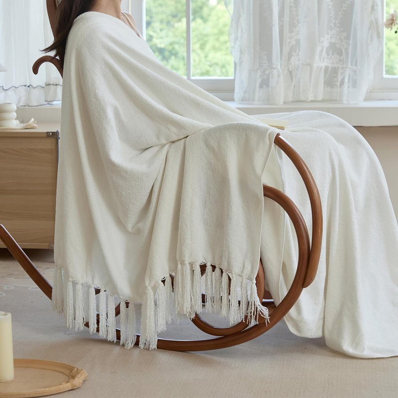 Jeté en chenille douce 50 po x 60 po - douillet douillet moelleux avec pampille à franges, Crème, crème