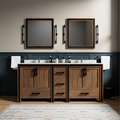80 po Large meuble-lavabo double rustique, 30 miroirs, deux armoires intérieures, cinq tiroirs, assemblé pour une installation rapide