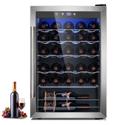 37 Bottle Wine Fridge, 4.45 Cu.ft Freestanding Wine & Beverage Refrigerator With Reversible Double Pane Glass Door & Adjustable Shelves For Kitchen, Bar, Silver