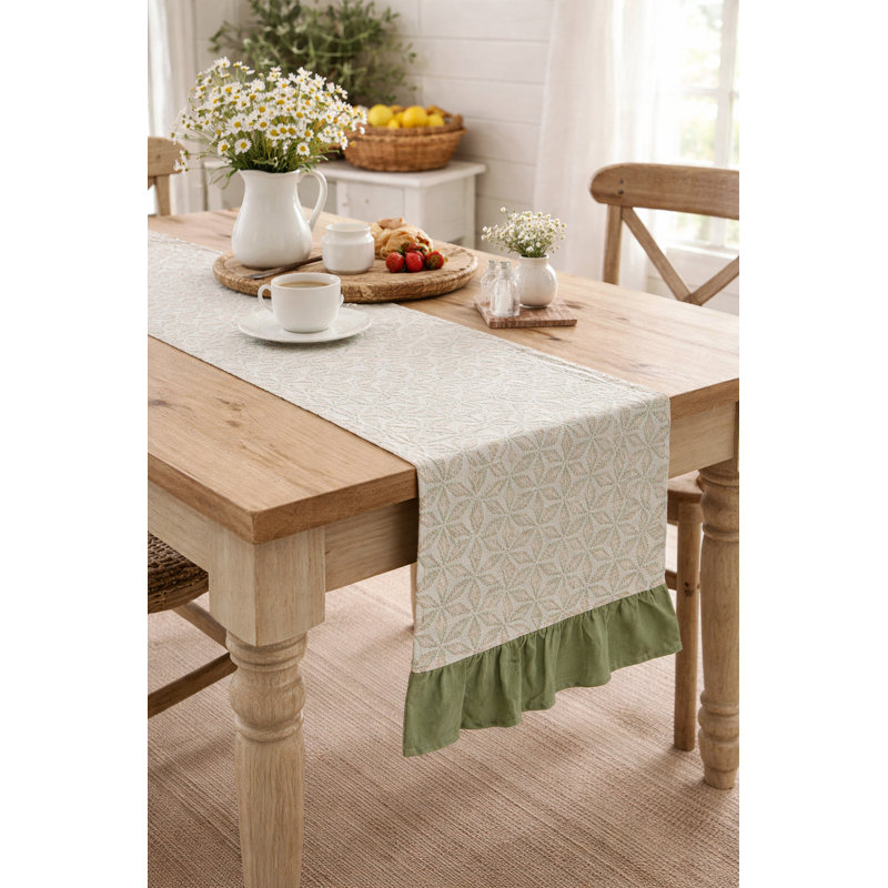 Green Pastel Geometric 100% Cotton Table Runner With Ruffles 14" X 72"