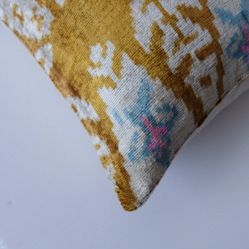 Kara Feather Throw Pillow, 20" x 20", Gold/White Ikat