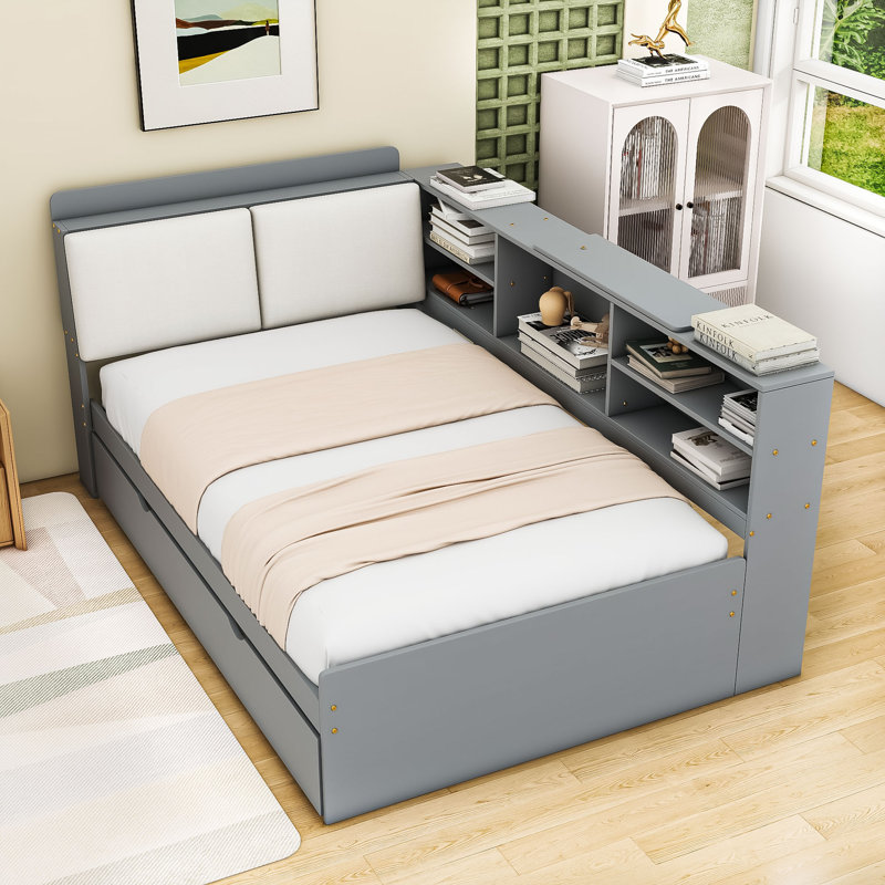 Lit plateforme en bois avec tête de lit tapissier, rangement intégré et lit gigogne simple, Full , Gris