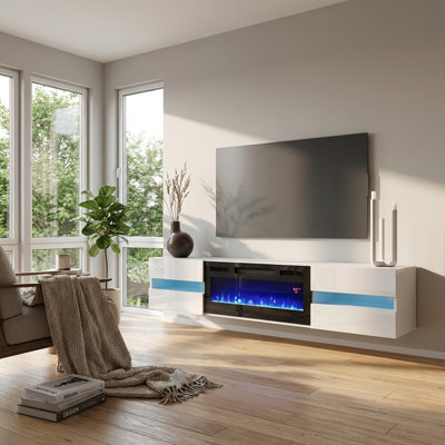 Rameesa 72" Modern TV Stand with Electric Fireplace, High Gloss Finish, Wall-Mounted